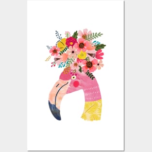 Cute Flamingo in pink and yellow with flowers on head Posters and Art